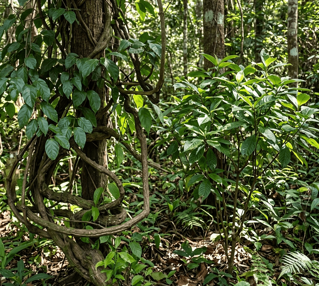 Cipós de ayahuasca crescendo entre árvores e folhas na natureza